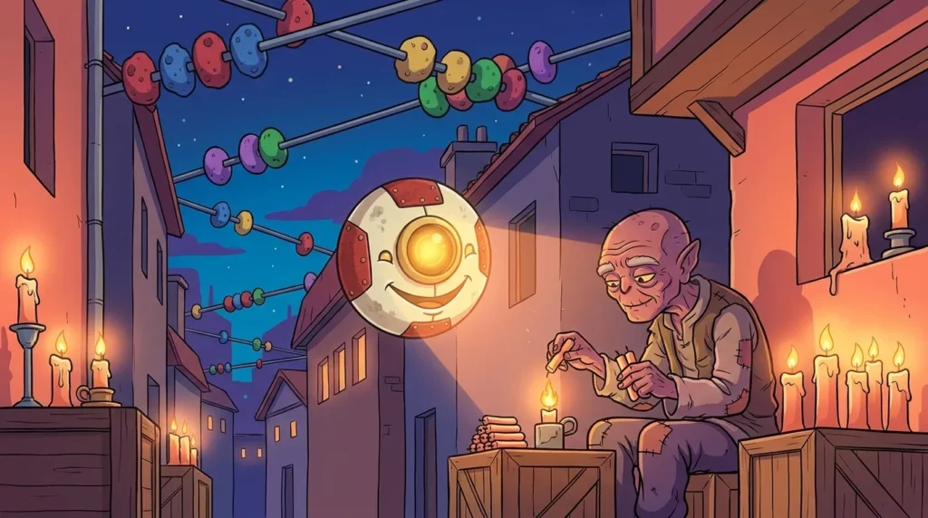 In un vicolo di Abakos illuminato da candele, sotto gli abachi giganti del cielo, un anziano vagabondo alieno fonde insieme quattro mozziconi per ricavare una candela nuova, accanto a M00N