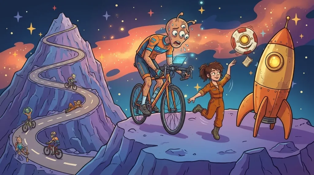 Sulla cima di una montagna di Dynamos un ciclista alieno sudato controlla il computer di bordo, mentre Liz accenna un passo di danza