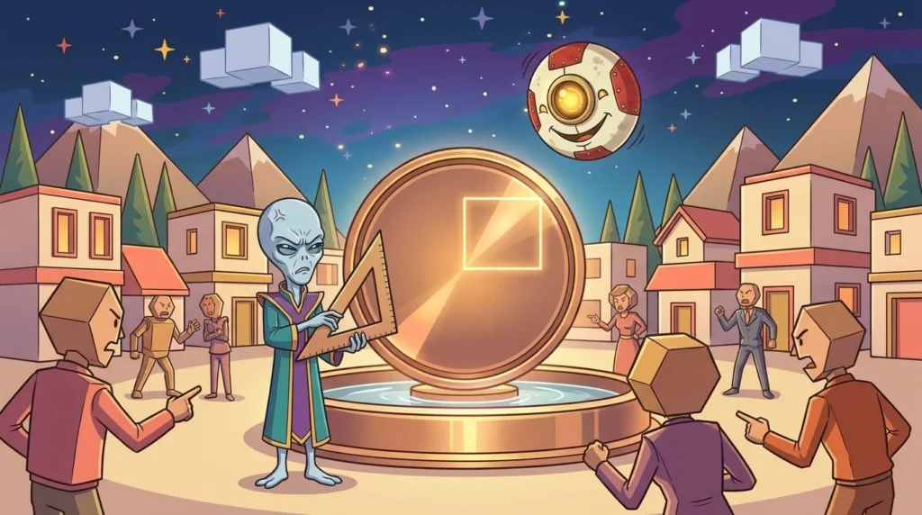 Su Polygon, pianeta di poligoni e solidi, una fontana circolare con un rettangolo luminoso disegnato in un quadrante suscita discussioni, mentre Dord misura con una squadra