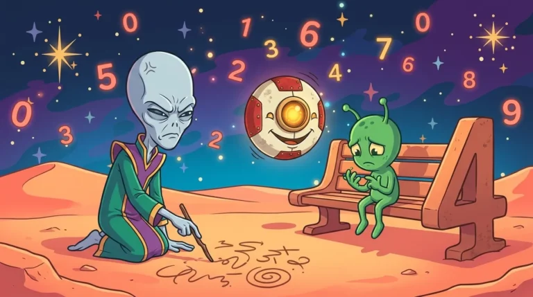 Su Numerion un piccolo marziano verde seduto su una panchina conta sulle dita, mentre Dord traccia un’equazione nella sabbia e M00N gli sorride