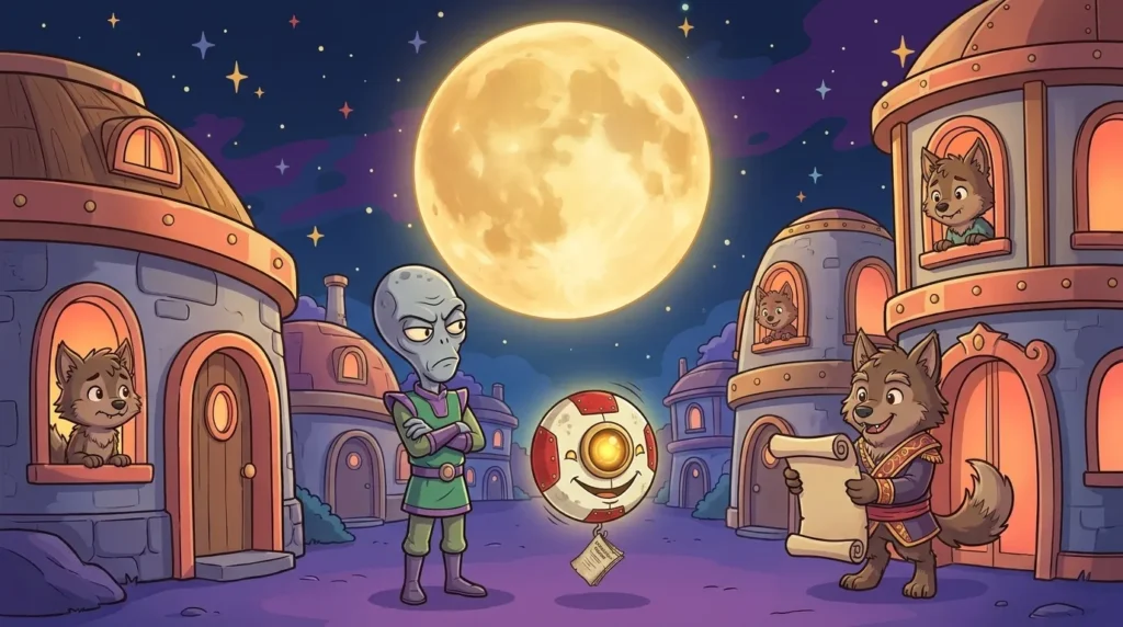 Un villaggio di Veritas sotto un’enorme luna piena, con abitanti preoccupati alle finestre, il sindaco con un’ordinanza e M00N felice accanto alla luna
