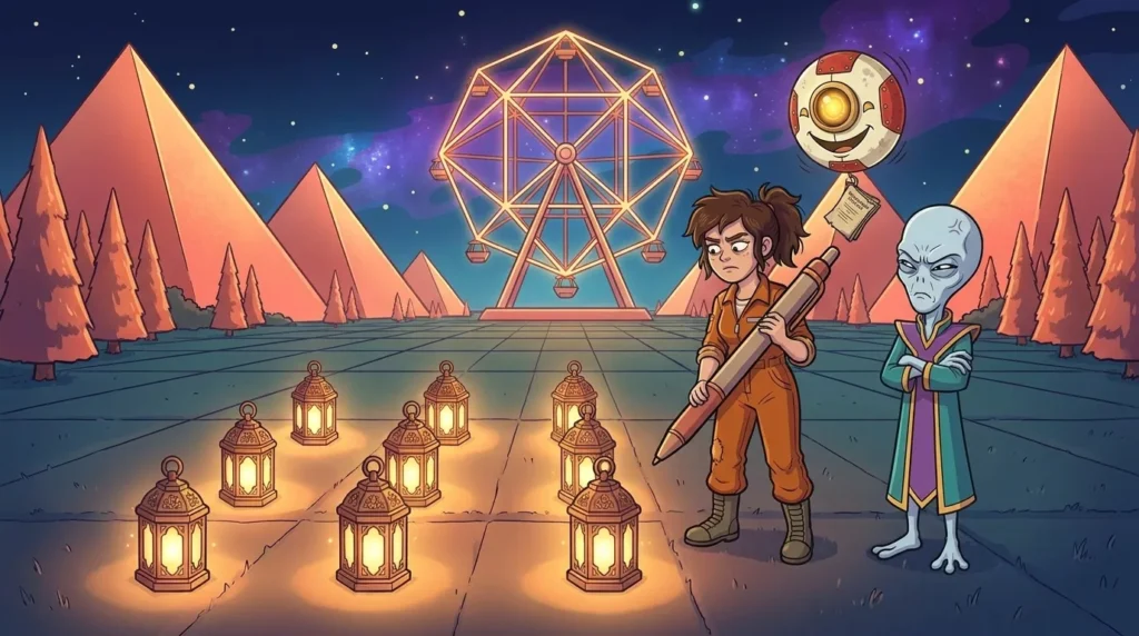 Nove lanterne luminose disposte a griglia tre per tre in un campo di Polygon, con Liz che impugna una penna gigante e Dord imbronciato