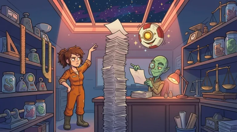 Un archivista alieno dell’Ufficio Pesi e Misure di Staterion piega un sottilissimo foglio di carta, con una pila di pieghe che sale verso il cielo stellato, davanti a Liz e M00N