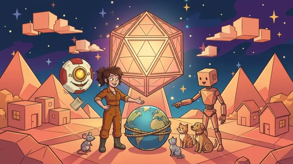Su Polygon una guida aliena mostra un globo terrestre con una corda lungo l’equatore, accanto a un topo, un gatto e un cane, mentre Liz difende la Terra