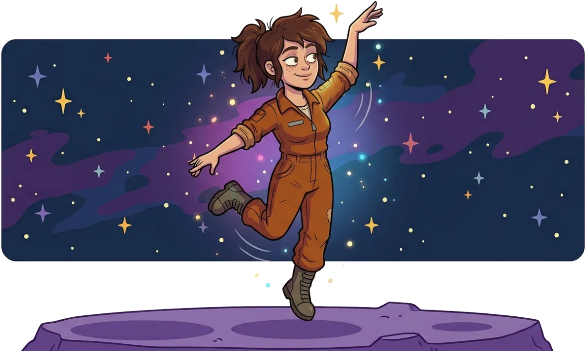 Liz, la pilota umana con la tuta arancione e gli scarponi, improvvisa un passo di danza a mezz’aria davanti a un cielo stellato
