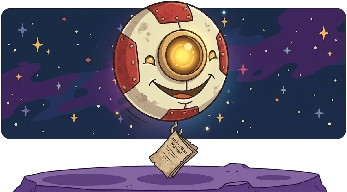 M00N, la robottina a forma di luna con un grande occhio luminoso e un sorriso, che fluttua sopra una piattaforma di roccia viola con appeso il suo libretto di istruzioni