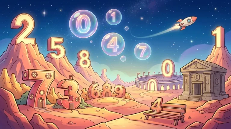 Paesaggio di Numerion: montagne sormontate da cifre giganti, cifre che fluttuano in bolle di sapone, case a forma di numero con porte e finestre, uno stadio, l’Archivio dei Numeri e una panchina a forma di 4