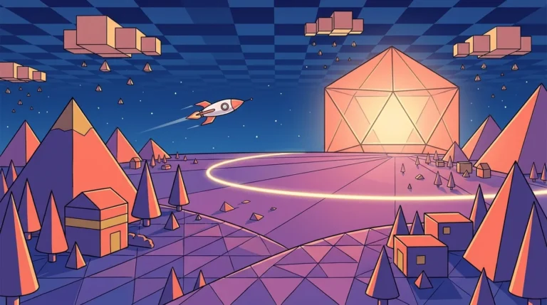 Paesaggio di Polygon: montagne a piramide, alberi a cono, case a parallelepipedo, nuvole cubiche da cui piovono piccoli tetraedri, un grande icosaedro luminoso e l’equatore, unico cerchio del pianeta, tracciato come un monumento